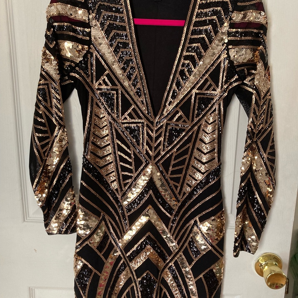 XS Express Black and Gold Geometric Sequin Mini Dress worn 1x